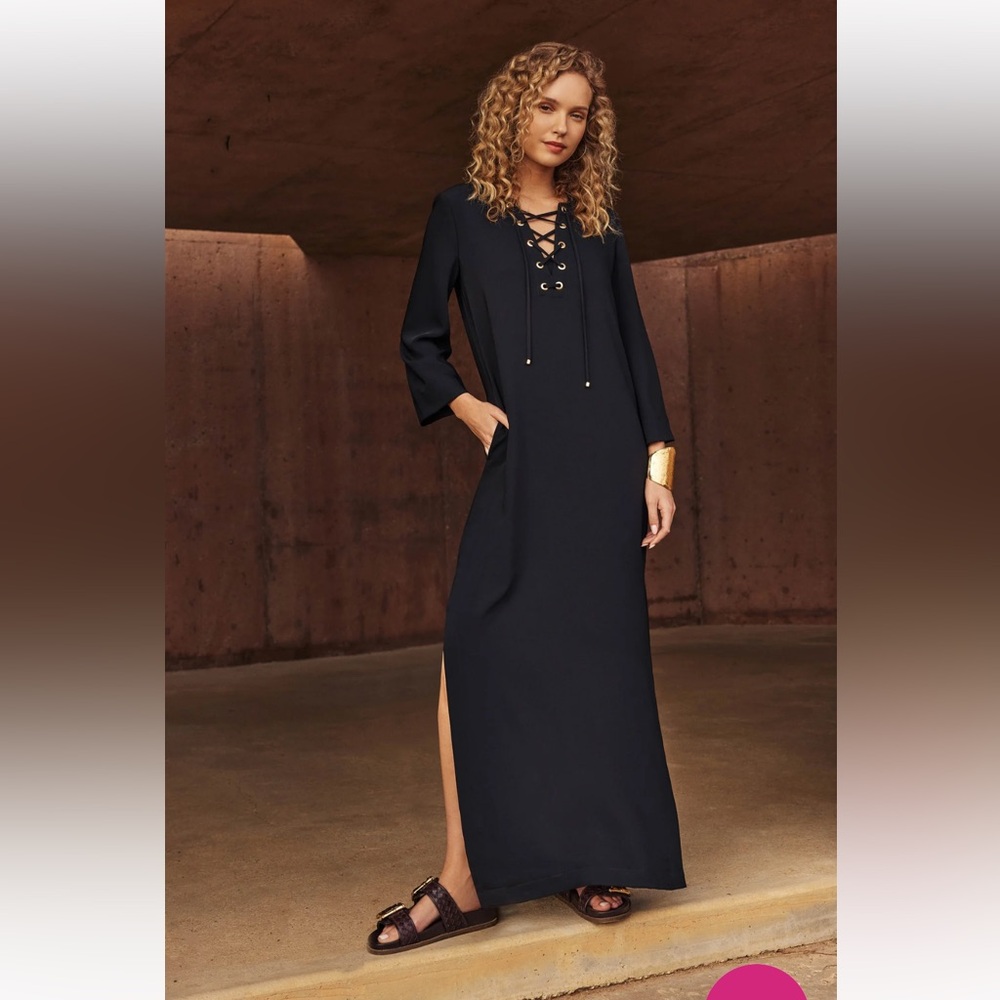 NWT Trina Turk black catamaran dress with tie criss cross neck XS